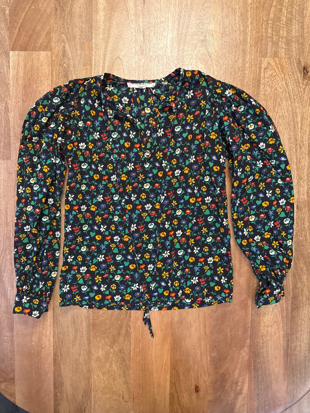 Saint Laurent Rive Gauche VTG Black Floral Bishop Sleeve Blouse France Sz 36